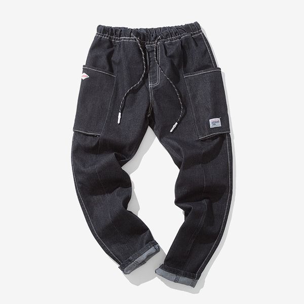 

2019 new style large size cotton men's wear lace-up japanese-style casual pants teenager jeans straight-cut loose-fit trousers f, Blue