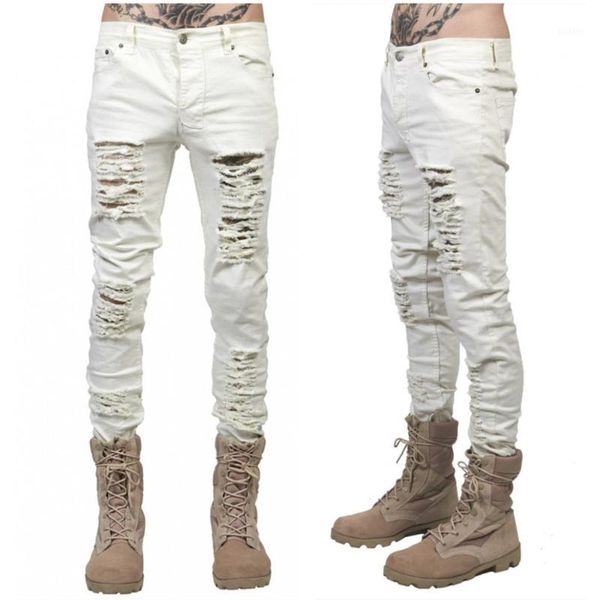 

fashion high street mens destroyed jeans hole casual denim joggger damage ripped jeans rock punk gothic black pants costume1, Blue