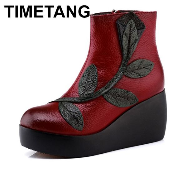 

timetang ethnic style ankle boots genuine leather shoes vintage mom women shoes handmade boots for women, Black