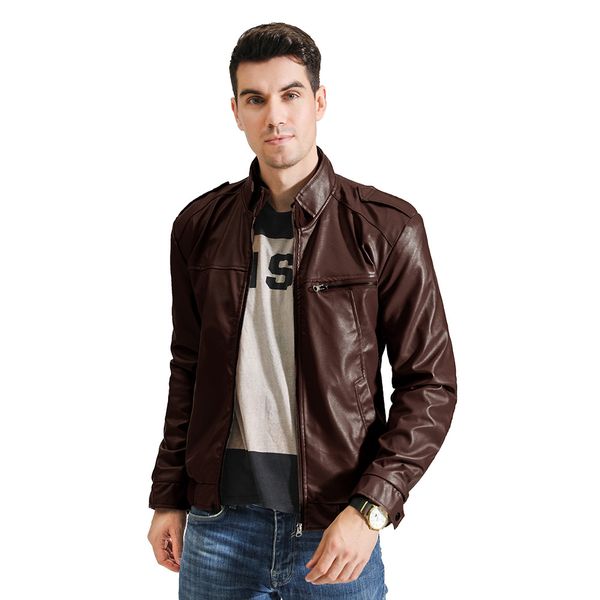 

men autumn new motorcycle casual vintage leather jacket coat men outfit fashion biker zipper pocket design pu leather jacket, Black