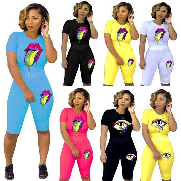 

женщины лета Красочные печати Губы 2 Двухкусочный Эпикировка устанавливает короткий рукав Футболка велосипедиста Шорты Брюки костюм Спортивная одежда Плюс Размер одежды