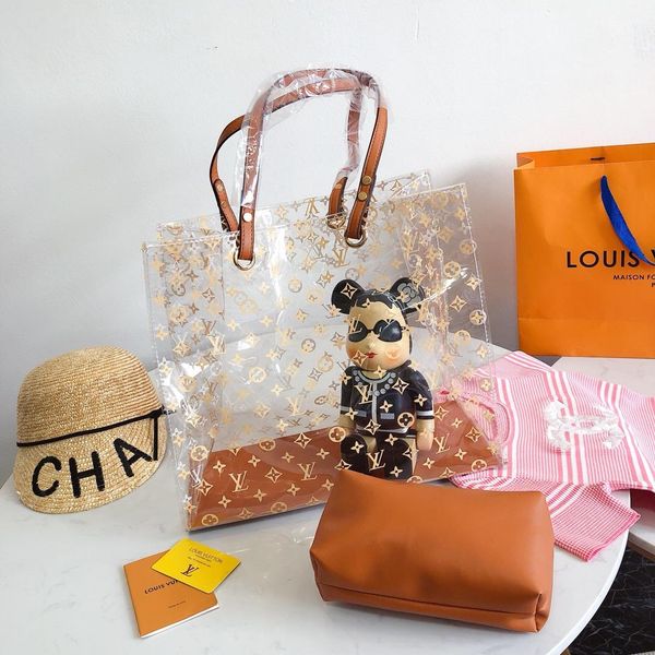 

Tran parent package high end fa hion brand de igner luxury vlv beach bag pvc large capacity houlder tote handbag wallet 43 35