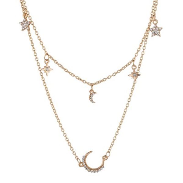 

vintage multilayer crystal pendant necklace women gold color beads moon star horn crescent choker necklaces jewelr n1516, Silver