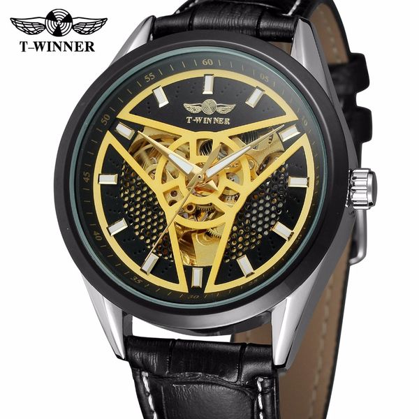 

fashion winner brand racing sport watch men auto mechanical golden triangle dart skeleton dial genuine leather wrist watches, Slivery;brown