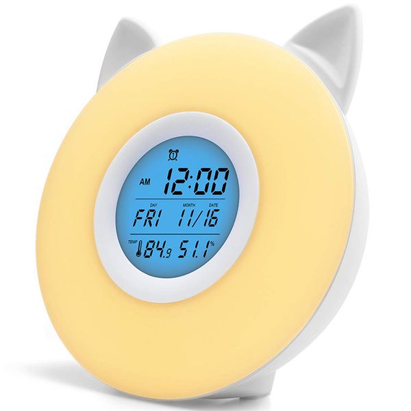 

alarm clock for kids cute cat wake up light,digital nature smart night lamp clock sunrise colorful light with nature sounds and