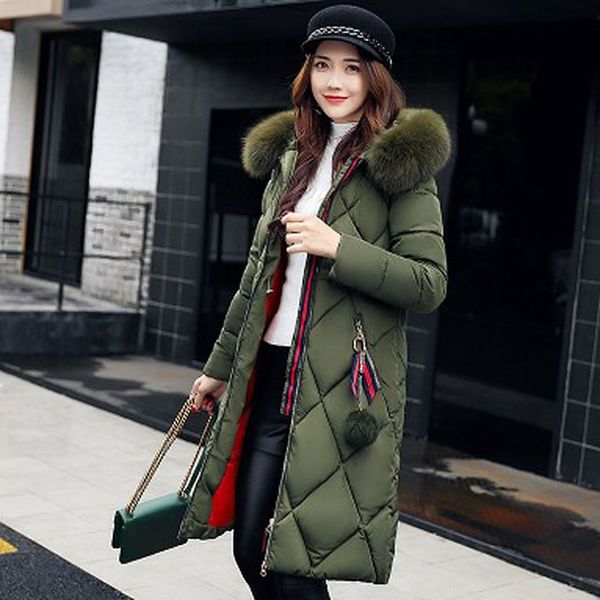 

women's winter cotton padded jacket warm slim argyle parka long thick coat with fur ball hooded outercoat female overknee parkas, Black