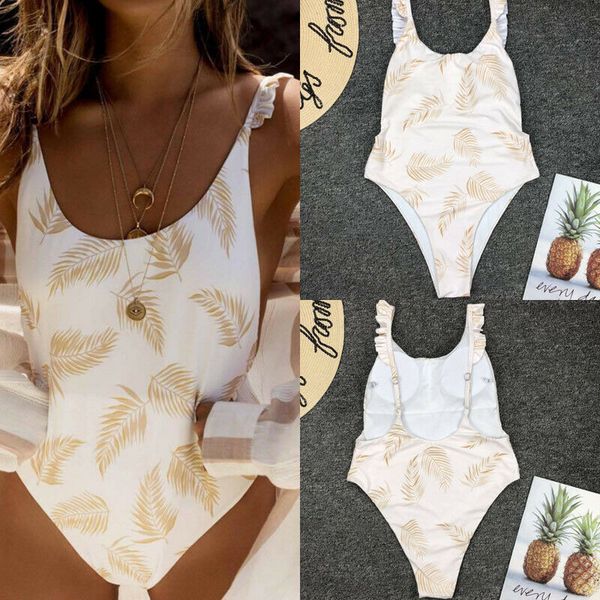 

women leaf print one piece bathing suit ruffle bodysuit bikini beachwear flounce fashion casual swimwear, White;black