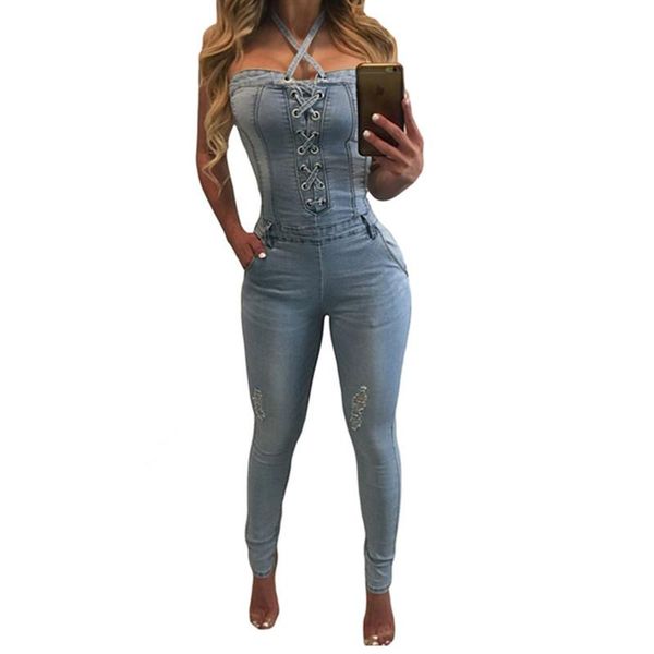 Jumpsuits das Mulheres Macacões Denim Macacões Mulheres Sexy Halter Jeans Neck quadrado Sem mangas Playsuits Corpo para Womens Jumpsuit