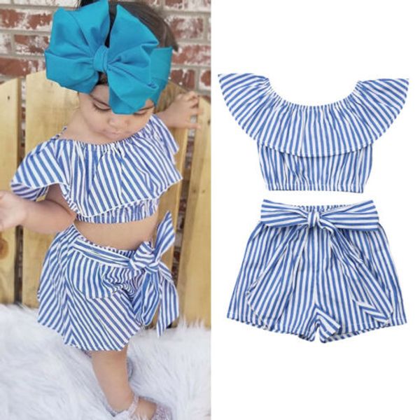 

summer toddler baby girl clothes off shoulder striped ruffle cropped short pants 2pcs outfits summer clothes, White