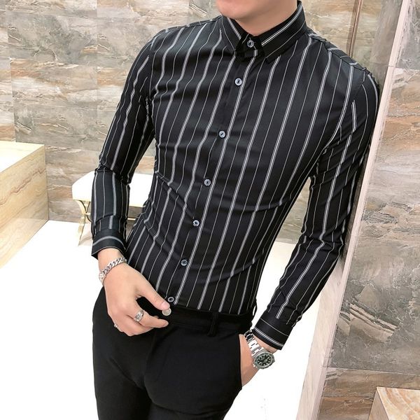 

fashion stripe shirt black business long sleeve shirt camisa homem casual male stylish dj men chemise homme 2019 spring, White;black