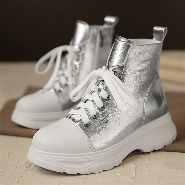 

sliver women sneakers fashion casual zipper round toe platform boots women mixed colors gold cow leather winter shoes, Black