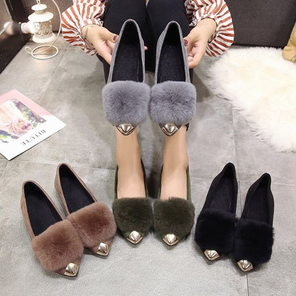 

metal pointed toe flock fur flats slip on winter warm plush cotton shoes woman comfy brief loafers ladies casual lazy moccasins, Black
