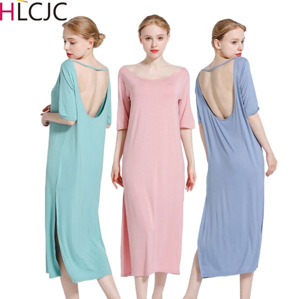 

backless nightshirts modal plus size night dress women sleepshirts long dressing nightgowns loose sleepwear home service, Black;red