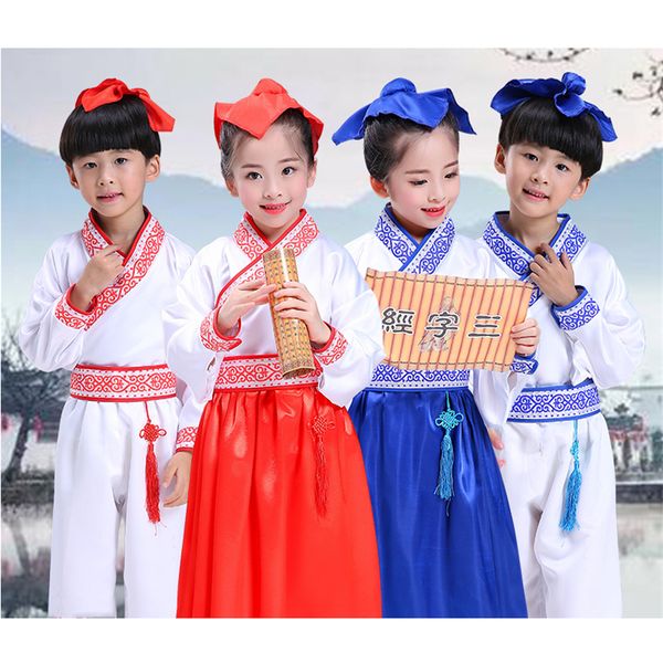 

chinese folk dance costumes children han dynasty retro performance stage wear kids print traditional ancient dress hanfu, Black;red