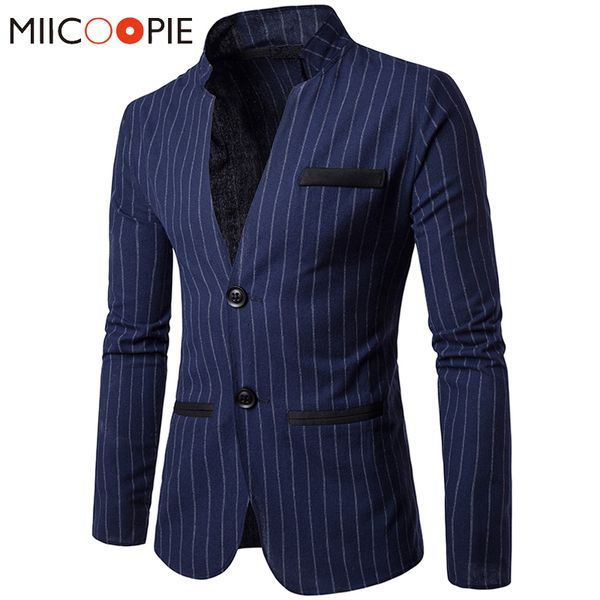 

mandarin collar men suit jacket casual business single breasted slim blaser masculino autumn vertical stripes blazers men suits, White;black