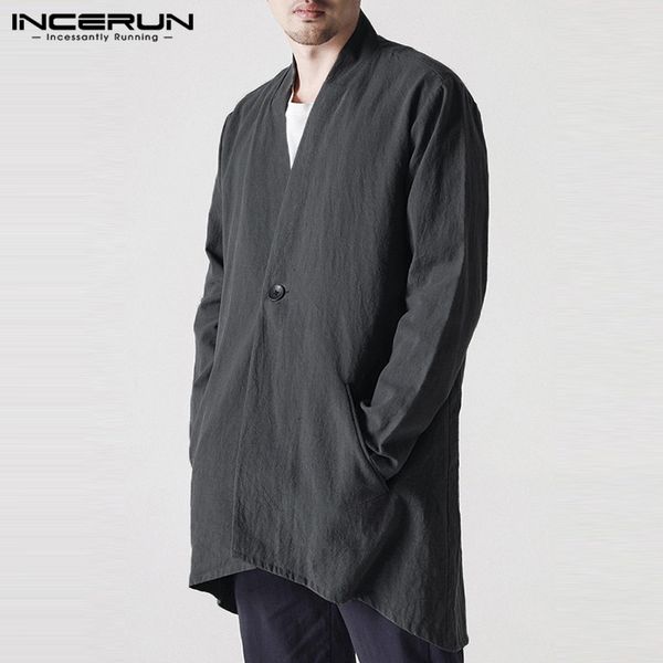

incerun 2019 chinese style men jacket coat long sleeve men outerwear fashion causal solid cotton jacket trench plus size 5xl, Black;brown