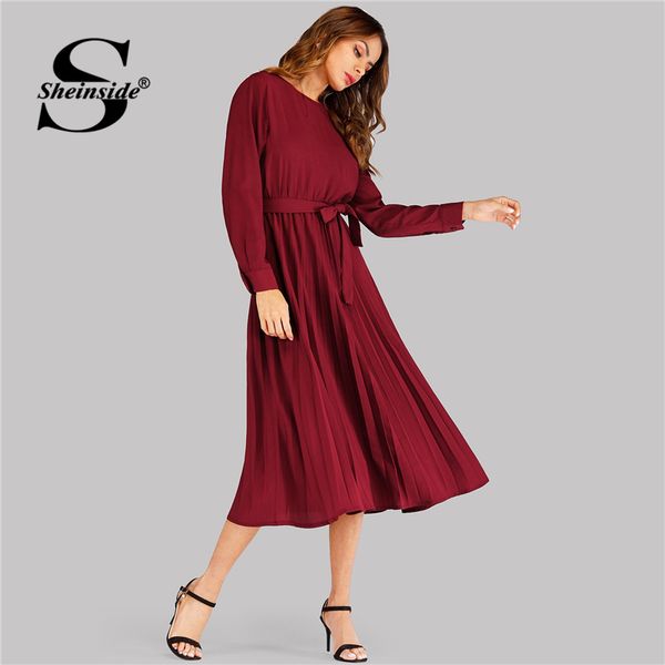 

sheinside бордовый самостоятельная галстук плиссированные платья элегантные длинные рукава женщины платья женщины ночной вечеринки 2019 леди, Black;gray