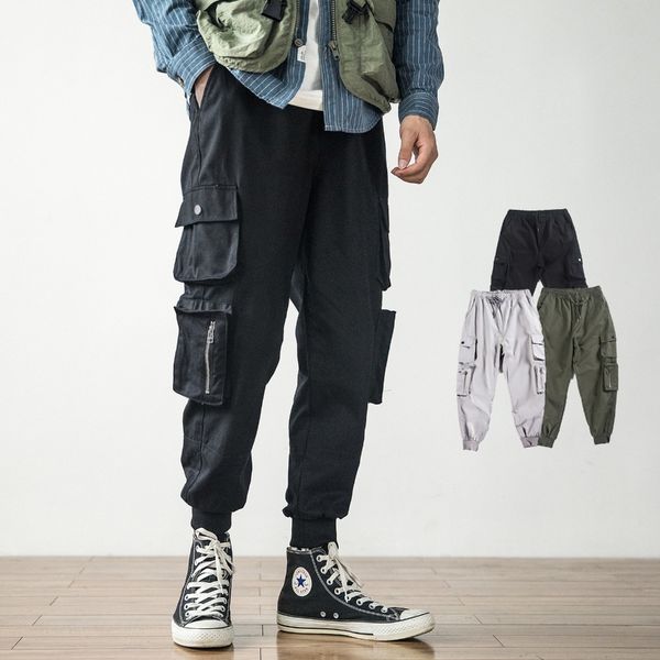 

multi-pocket bib overall men jogger army green high street cargo casual pants loose street dance fashion hip hop trousers, Black