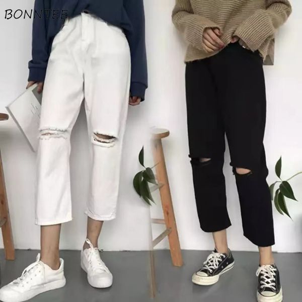 

jeans women spring summer trendy simple korean style all-match solid hole soft high waist streetwear womens trousers chic casual, Blue