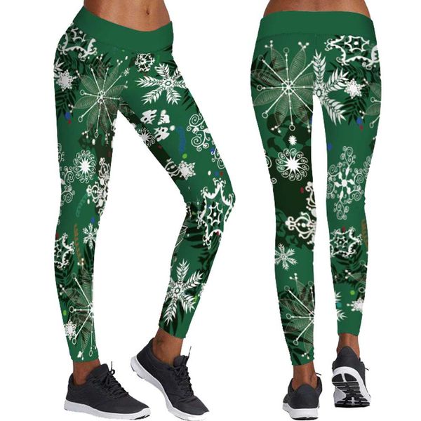 

christmas snowflakes full print women yoga tights fitness jogging leggings green sports pencil trousers training gym pants slim, White;red