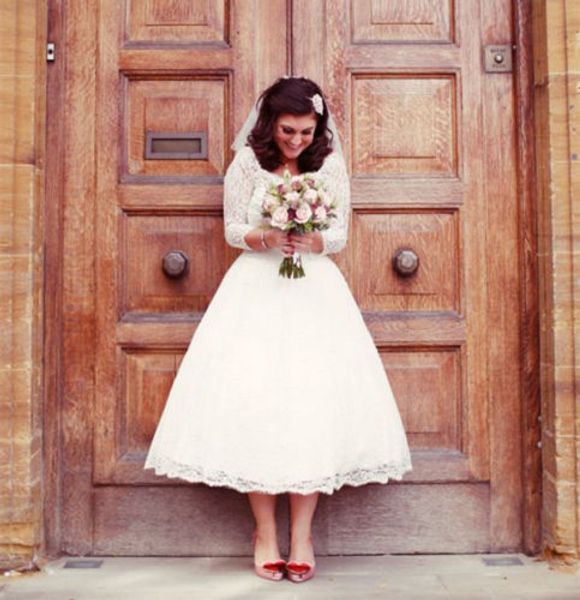 

3/4 long sleeves modest short lace bridal dresses 2019 plus size a line tea length princess custom made wedding gowns vintage transparent, White