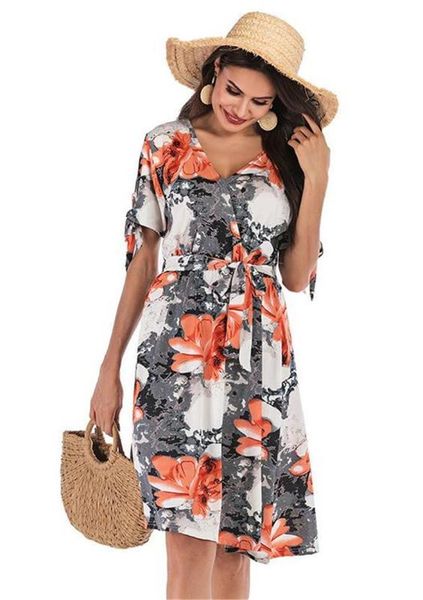 

designer dresses fashion v neck bow bind womens designer dresses casual females clothing floral print womens, Black;gray