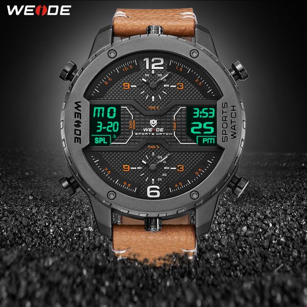 

weide men's sports watch analog hands digital calendar quartz brown leather strap wrist watches reloj hombre 2019 military clock y19051, Slivery;brown