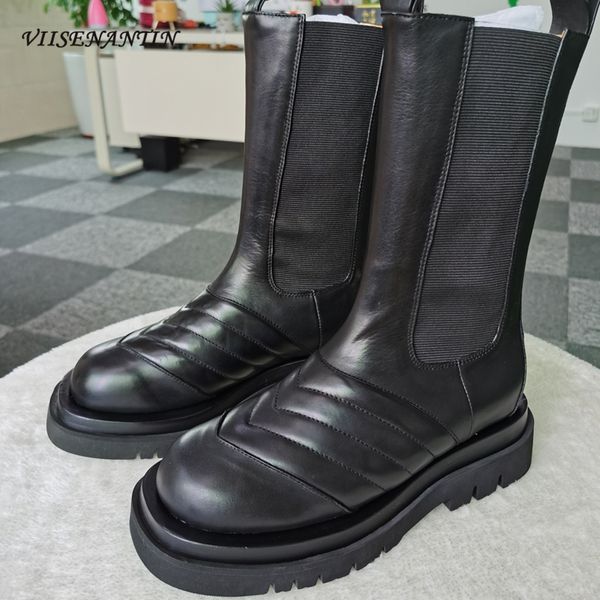 

genuine leather lady boots black wave leather flat platform thick sole slip on elastic bootie knight boots woman