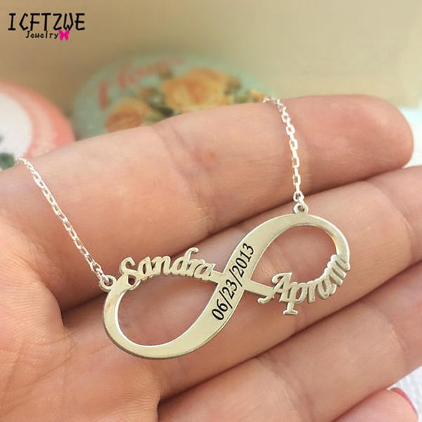 

custom infinity necklace double name necklace with date numbers engraved stainless steel gold chain pendants choker bff jewelry, Silver