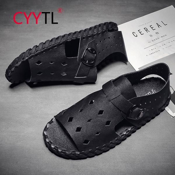 

cyytl summer open toe casual leather men sandals comfort shoes swiftwear slippers beach slides fashion breathable flip flops, Black