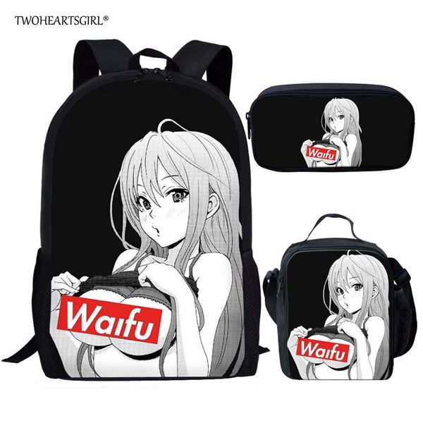 

twoheartsgirl sugoi senpai anime waifu schoolbags for teen boys girls black cartoon kids school bag set primary children bookbag