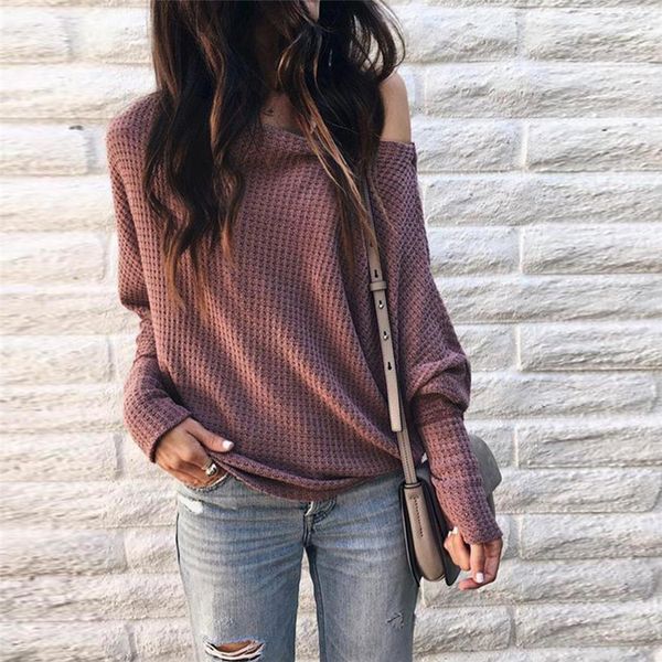 

slim sweater female women loose casual off shoulder long sleeve knit sweater blouse t-shirt fashion knitted soft, Black