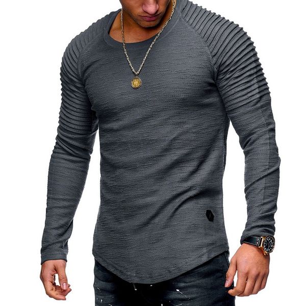 

men striped fold t-shirts solid o-neck short long sleeve t-shirt casual slim fit streetwear hip hop male, White