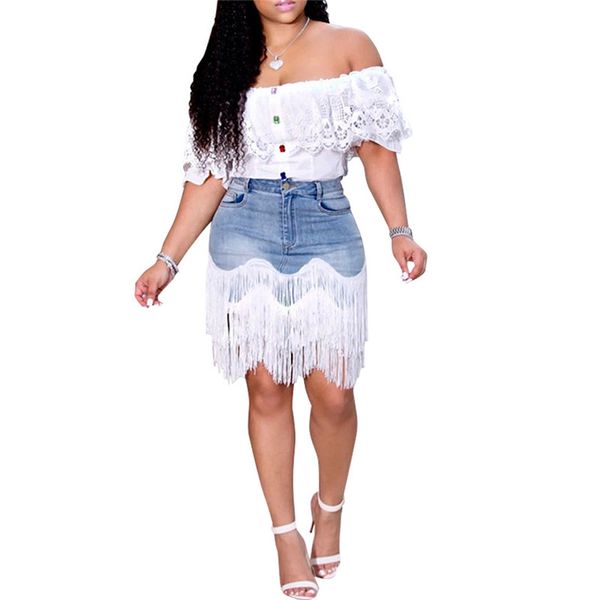 

fashion women high waist denim skirt elegant ladies tassels mini skirt dames party club jupe femme streetwear, Black