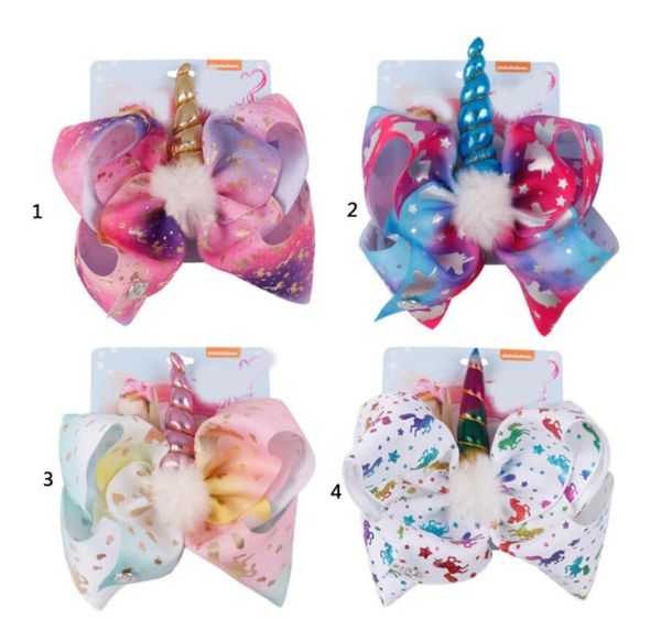 

4olor 8" bows unicorn star heart dots print hair bows with clips unicorn horn for girls colorful hairpins hair accessory, Slivery;white