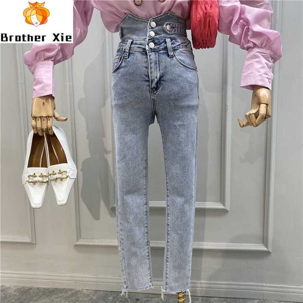

elasticity slim fit skinny jeans woman 2020 spring and summer new style irregular three buckles high waist pencil pants jeans, Blue