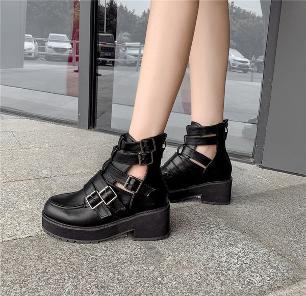 

fashion rome belt buckle block heels gladiator shoes black gothic punk biker ankle boots for women bootie spring 2020