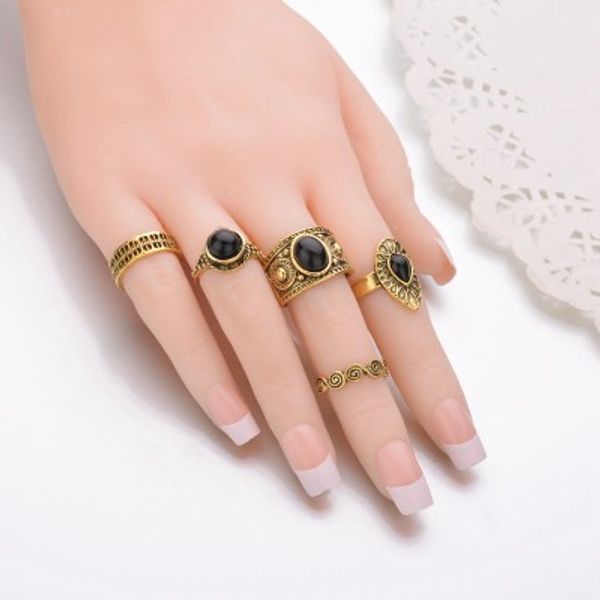 

5 pcs/set vintage ring sets antique alloy nature blue stone midi finger rings for women steampunk turkish ring anillos r412, Golden;silver
