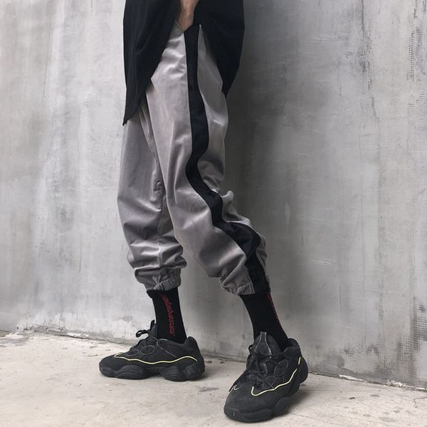 

new fashion autumn man rayon pants streetwear stitching color joggers hip hop long pants men elastic waist cargo men, Black