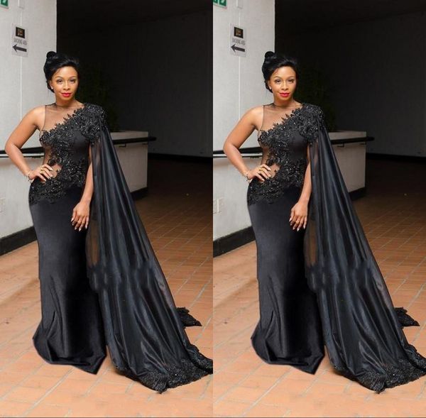 

Black Bateau Neck Evening Dresses Cape Jacket/Wrap Style Lace Appliques Mermaid Prom Dresses Sheath Saudi Arabic Women Formal Party Vestidos