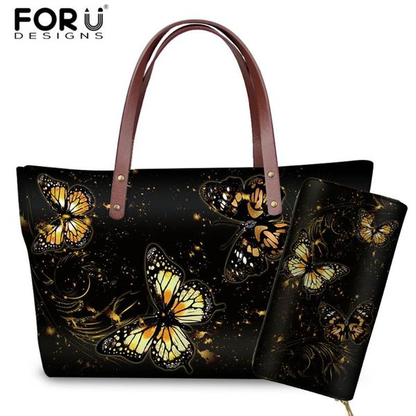 

forudesigns black butterfly animal print women handbag& pu wallet set ladies large shopping bag fashion famale beach bags