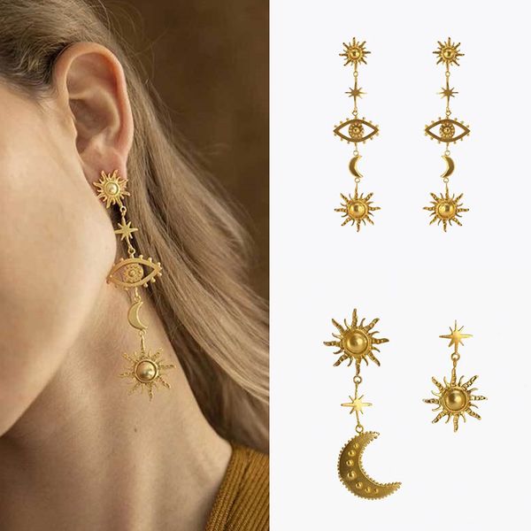 

2019 new deisgn vintage gold color sun star moon earrings for women female long statement earring party jewelry gifts, Silver