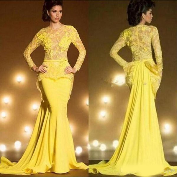 

saudi arabia dubai mermaid evening dresses 2020 yellow formal prom gowns kaftan lace long sleeve robe de soiree, Black;red