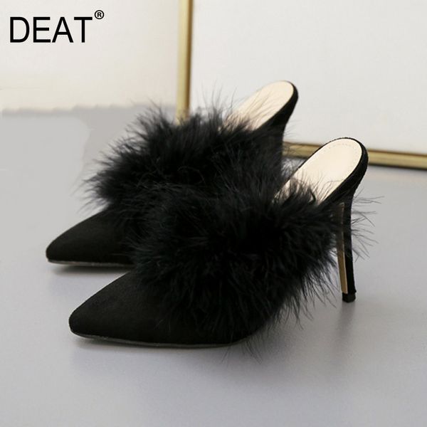 

deat] 2020 new spring summer sharp toe shallow fur spliced temperament thin high heels slippers women shoes fashion tide 10g720, Black