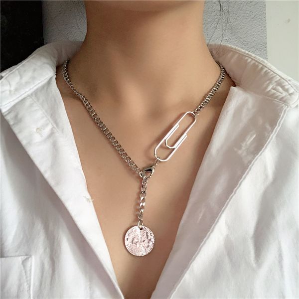 

diezi fashion men silver color metal chain round pendant necklace couple hip hop punk geometric necklaces girls boys women