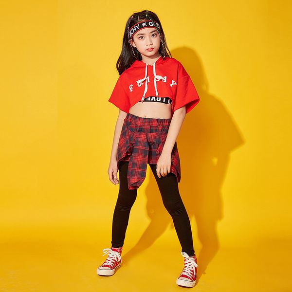 

girls hip hop hiphop hip hop costume set children jazz performance wear big boy on lower apron, Red;yellow