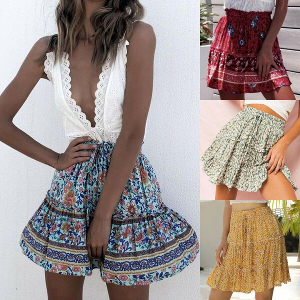 

brand new woman vintage floral print multi-layers ruffles boho beachwear ladies floral jersey gypsy high waist mini sun skirt, Black