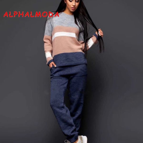 

alphalmoda ensemble femme 2 pieces pantalon striped long-sleeved jumper + trousers female knitting sets, White