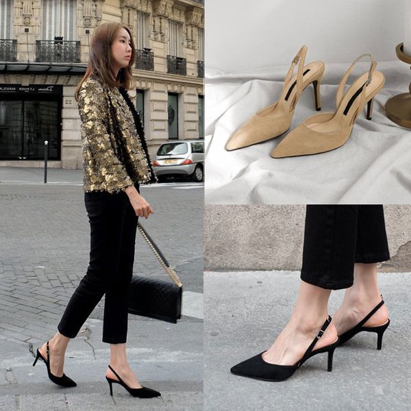 

2019 women pumps buckle office lady thin heel solid pointed toe princess style slingback fashion nude shoe sandals, Black
