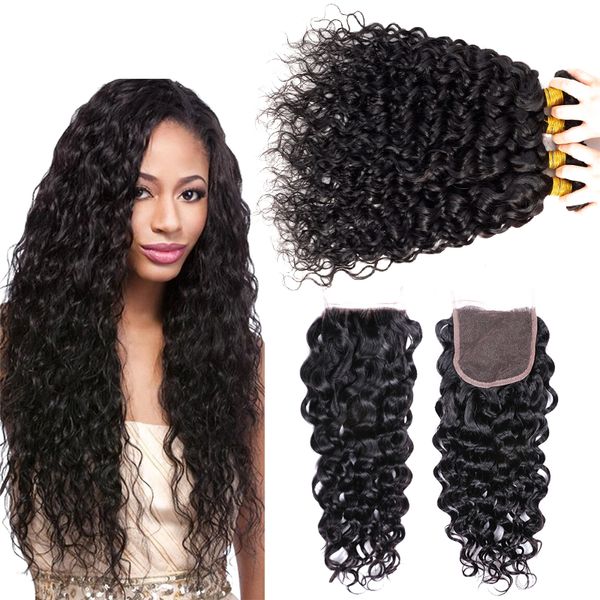 2019 Brazilian Deep Wave Hair Weaves 4bundles With Lace Closures Free Middle 3 Part Double Weft Human Hair Extensions 100g Pc No Shedding From